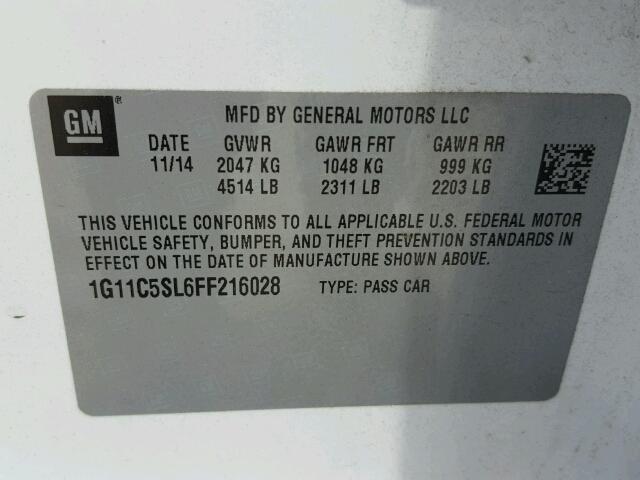 1G11C5SL6FF216028 - 2015 CHEVROLET MALIBU 1LT 白色 照片 10