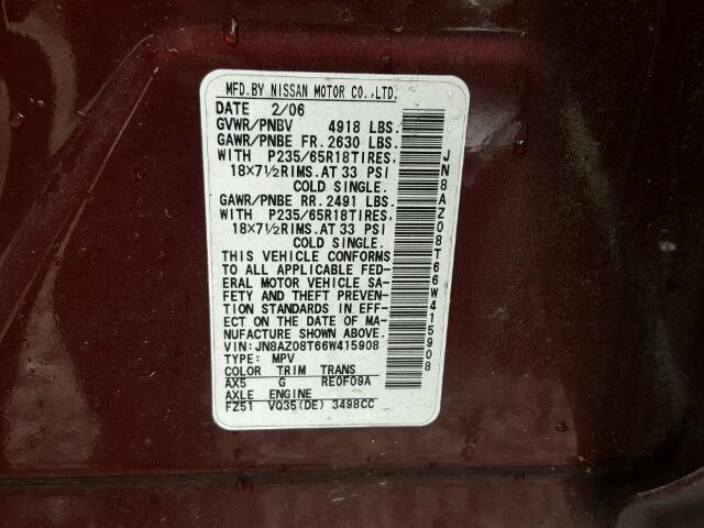 JN8AZ08T66W415908 - 2006 NISSAN MURANO SL MAROON photo 10