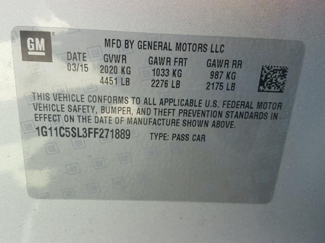 1G11C5SL3FF271889 - 2015 CHEVROLET MALIBU 1LT 银色 照片 10