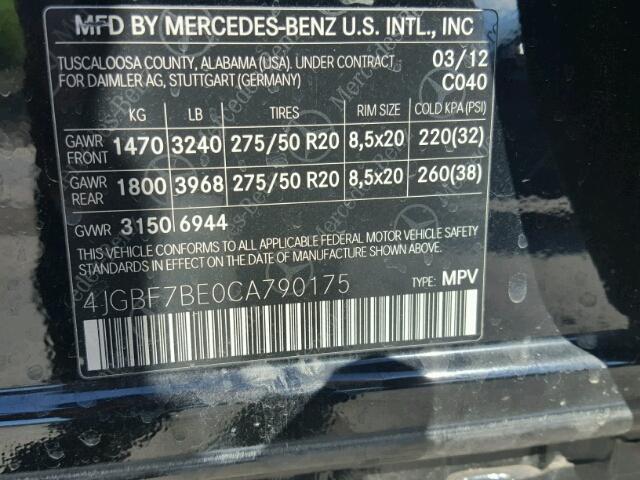 4JGBF7BE0CA790175 - 2012 MERCEDES-BENZ GL 450 4MA BLACK photo 10