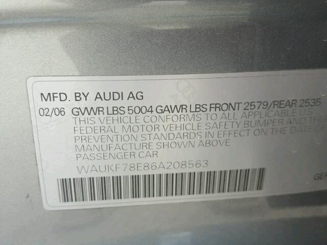 WAUKF78E86A208563 - 2006 AUDI A4 2.0T AV GRAY photo 10