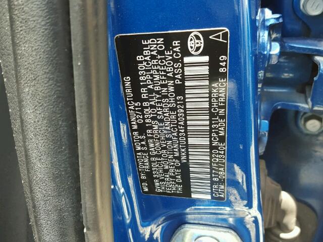 VNKKTUD34FA039213 - 2015 TOYOTA YARIS BLUE photo 10