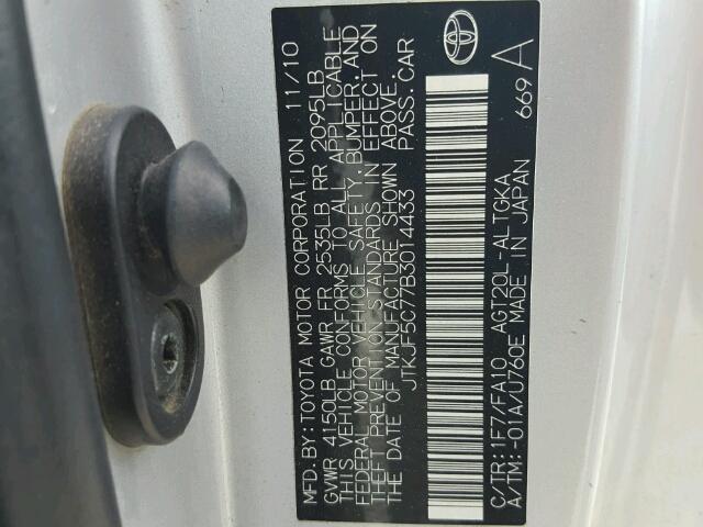 JTKJF5C77B3014433 - 2011 TOYOTA SCION TC 银色 照片 10