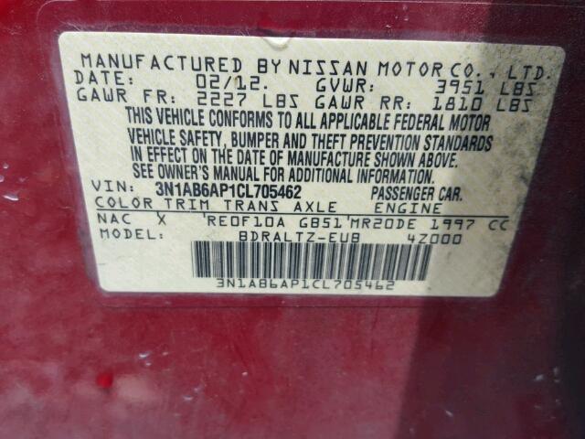 3N1AB6AP1CL705462 - 2012 NISSAN SENTRA 2.0 MAROON photo 10