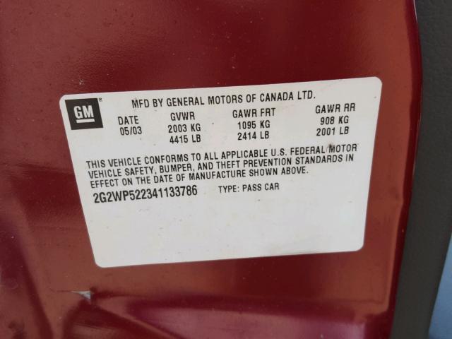 2G2WP522341133786 - 2004 PONTIAC GRAND PRIX MAROON photo 10