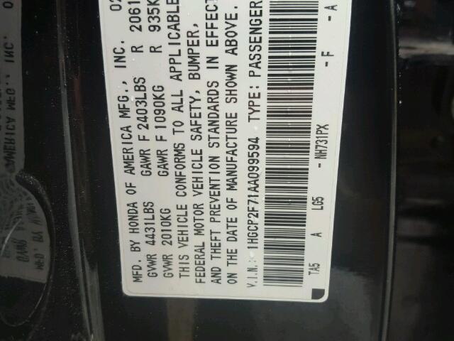 1HGCP2F71AA099594 - 2010 HONDA ACCORD EX BLACK photo 10