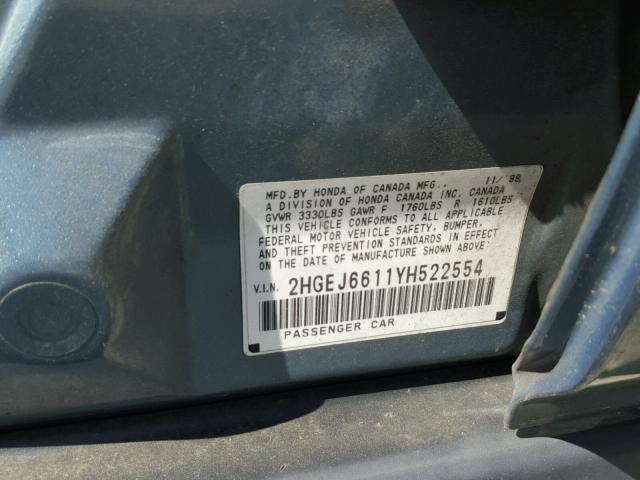 2HGEJ6611YH522554 - 2000 HONDA CIVIC BASE BLUE photo 10