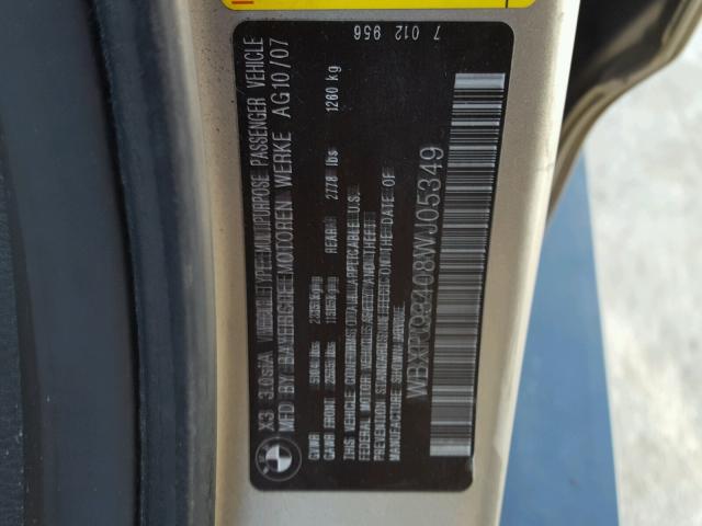 WBXPC93408WJ05349 - 2008 BMW X3 3.0SI GOLD photo 10