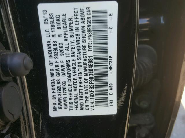 19XFB2F90DE046981 - 2013 HONDA CIVIC EXL შავი ფოტო 10