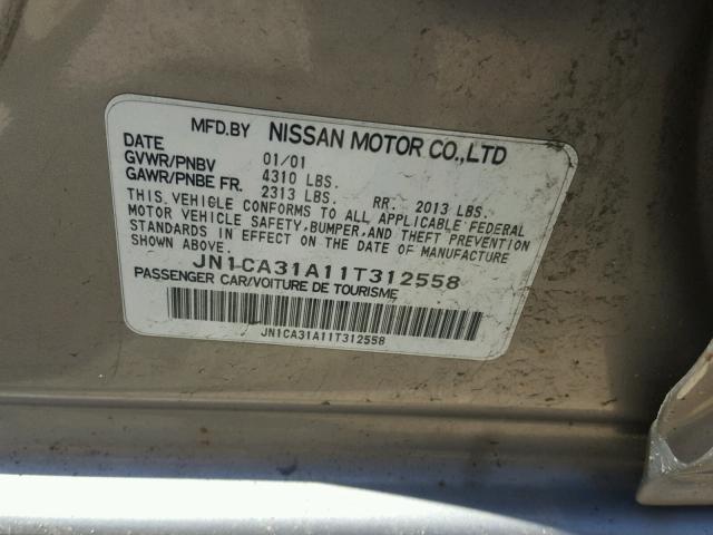 JN1CA31A11T312558 - 2001 NISSAN MAXIMA GXE GRAY photo 10