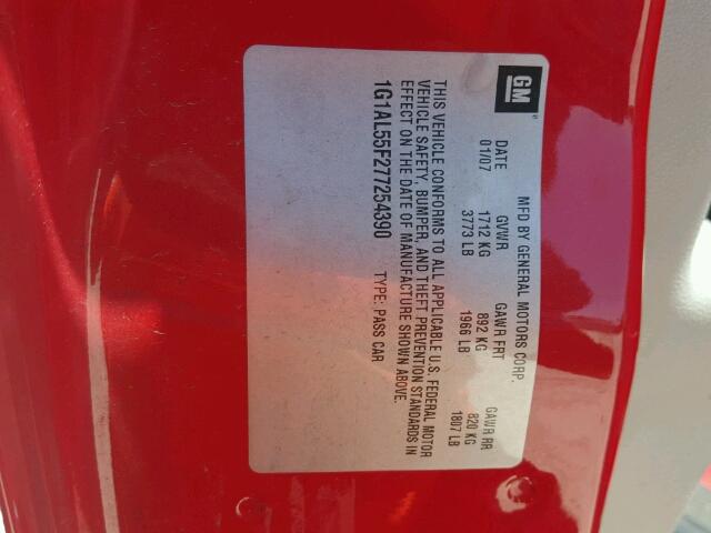 1G1AL55F277254390 - 2007 CHEVROLET COBALT LT RED photo 10