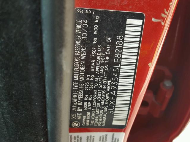 5UXFA93545LE82188 - 2005 BMW X5 4.8IS RED photo 10