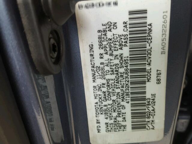 4T1BE32K23U664951 - 2003 TOYOTA CAMRY LE/X BLUE photo 10