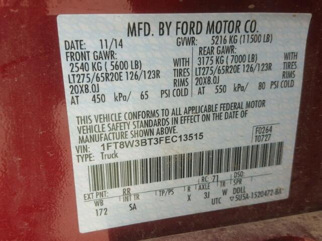 1FT8W3BT3FEC13515 - 2015 FORD F350 RED photo 10