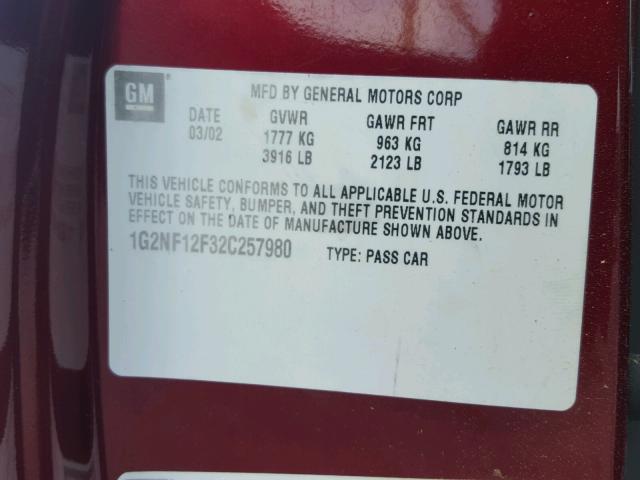 1G2NF12F32C257980 - 2002 PONTIAC GRAND AM S 红色 照片 10