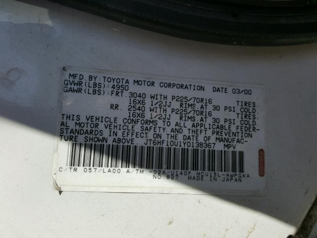 JT6HF10U1Y0138367 - 2000 LEXUS RX 300 WHITE photo 10