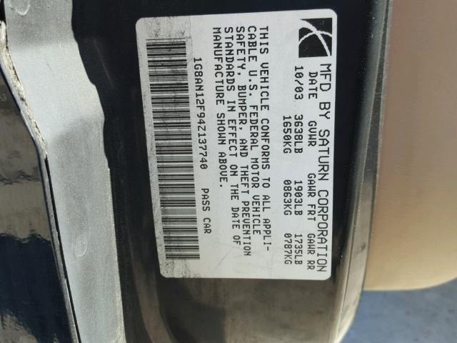 1G8AN12F94Z137740 - 2004 SATURN ION LEVEL BLACK photo 10