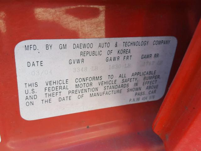 KL1TD52654B221885 - 2004 CHEVROLET AVEO RED photo 10