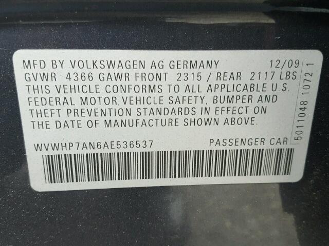 WVWHP7AN6AE536537 - 2010 VOLKSWAGEN CC LUXURY GRAY photo 10