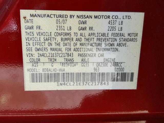 1N4CL21E37C217843 - 2007 NISSAN ALTIMA HYB RED photo 10