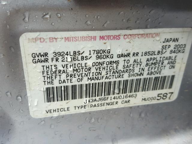 JA3AJ66F14U016463 - 2004 MITSUBISHI LANCER RAL SILVER photo 10