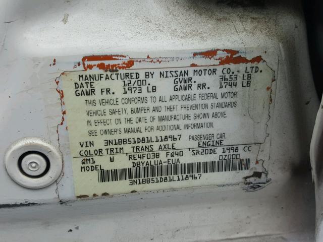 3N1BB51D81L118967 - 2001 NISSAN SENTRA SE WHITE photo 10