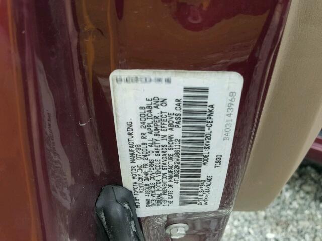 4T1BG22K2WU861112 - 1998 TOYOTA CAMRY CE/L BURGUNDY photo 10