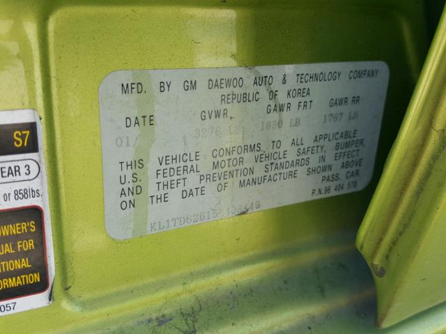 KL1TD62615B408449 - 2005 CHEVROLET AVEO BASE Կանաչ լուսանկար 10