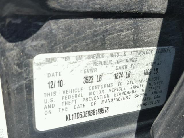 KL1TD5DE8BB189578 - 2011 CHEVROLET AVEO LS BLACK photo 10