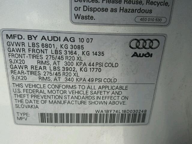 WA1BY74L18D030248 - 2008 AUDI Q7 3.6 QUA SILVER photo 10