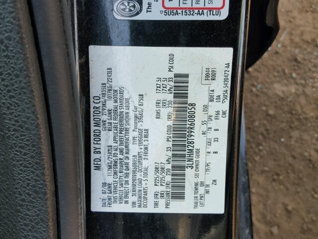 3LNHM28T99R608058 - 2009 LINCOLN MKZ შავი ფოტო 10