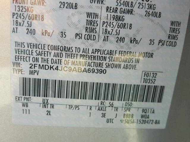 2FMDK4JC9ABA69390 - 2010 FORD EDGE SILVER photo 10