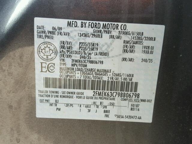 2FMEK63C79BB06798 - 2009 FORD FLEX LIMIT GRAY photo 10