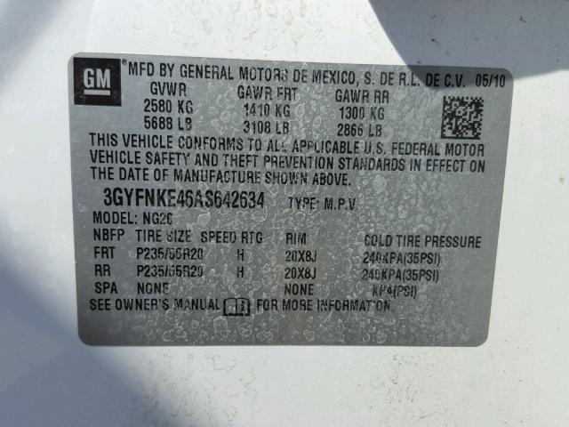 3GYFNKE46AS642634 - 2010 CADILLAC SRX PREMIU WHITE photo 10