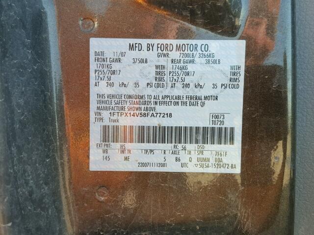 1FTPX14V58FA77218 - 2008 FORD F150 GRAY photo 10