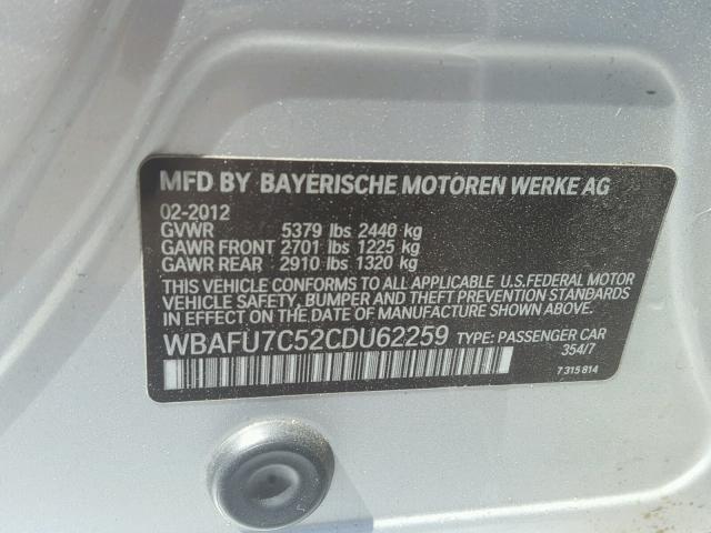 WBAFU7C52CDU62259 - 2012 BMW 535 XI SILVER photo 10