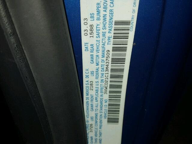 3VWCD21C13M437509 - 2003 VOLKSWAGEN NEW BEETLE 蓝色 照片 10