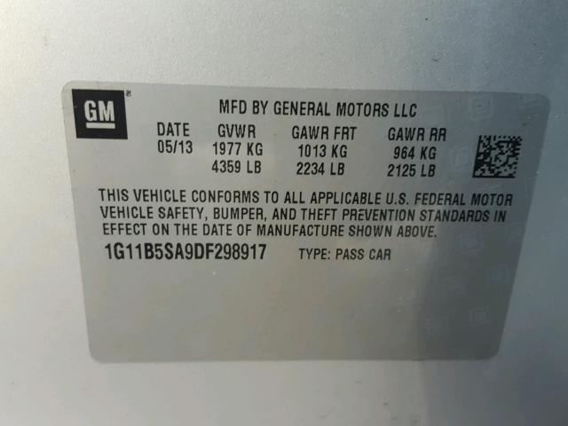 1G11B5SA9DF298917 - 2013 CHEVROLET MALIBU LS 银色 照片 10