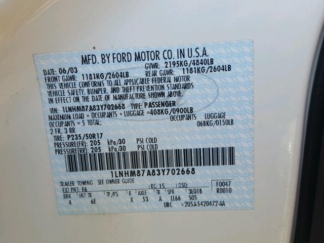 1LNHM87A83Y702668 - 2003 LINCOLN LS 白色 照片 10