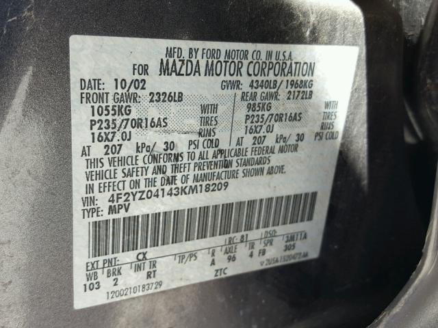 4F2YZ04143KM18209 - 2003 MAZDA TRIBUTE LX GRAY photo 10