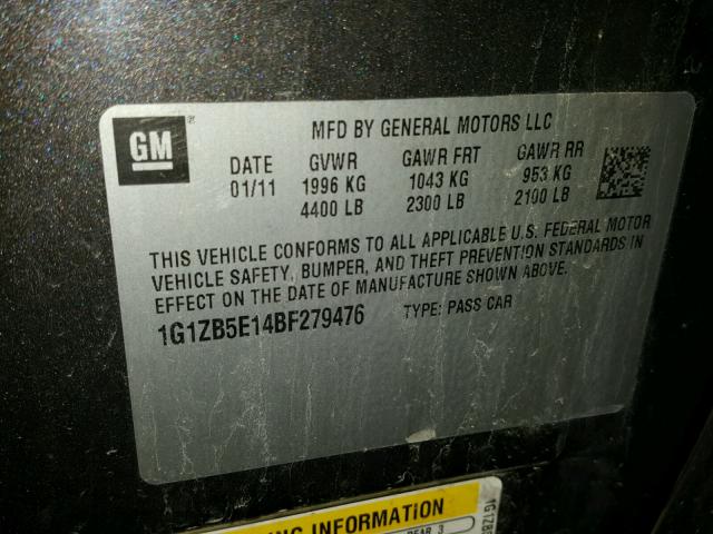 1G1ZB5E14BF279476 - 2011 CHEVROLET MALIBU LS 灰色 照片 10