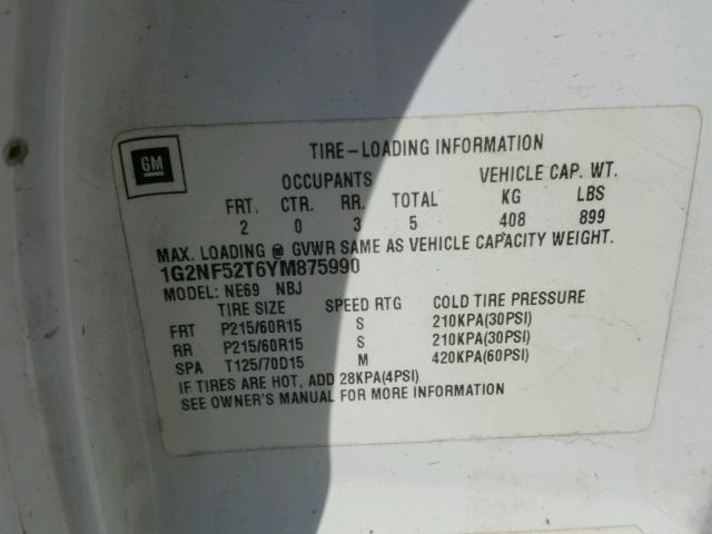 1G2NF52T6YM875990 - 2000 PONTIAC GRAND AM S 白色 照片 10