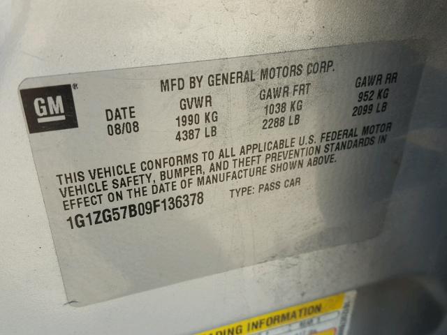 1G1ZG57B09F136378 - 2009 CHEVROLET MALIBU LS 灰色 照片 10