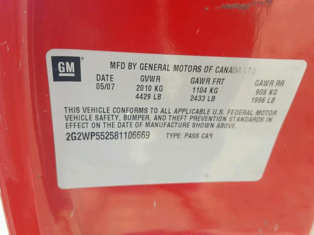2G2WP552581106669 - 2008 PONTIAC GRAND PRIX RED photo 10