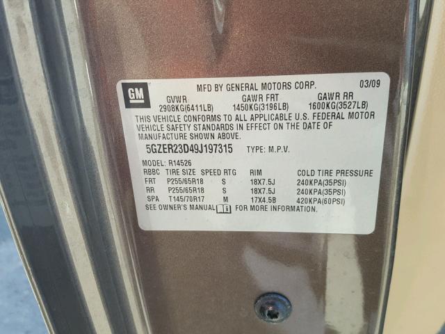 5GZER23D49J197315 - 2009 SATURN OUTLOOK XR თაფლისფერი ფოტო 10