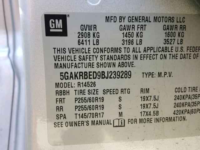 5GAKRBED9BJ239289 - 2011 BUICK ENCLAVE CX SILVER photo 10