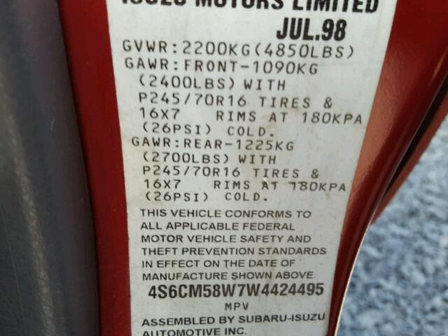 4S6CM58W7W4424495 - 1998 HONDA PASSPORT E 栗色 照片 10