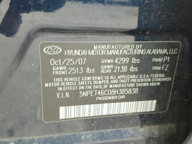 5NPET46C08H385838 - 2008 HYUNDAI SONATA GLS BLUE photo 10