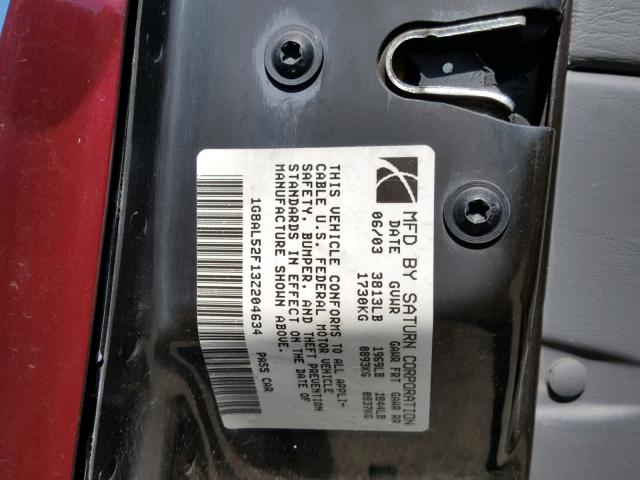 1G8AL52F13Z204634 - 2003 SATURN ION LEVEL ბურგუნდია ფოტო 10