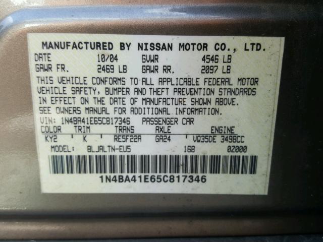 1N4BA41E65C817346 - 2005 NISSAN MAXIMA SE TAN photo 10